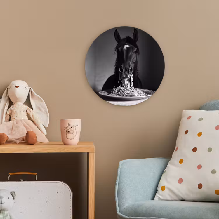 Paard - Bord - Pasta - Tafelkleed - Zwart Wit - Dieren Wandcirkel kunststof plaat 5mm dik klein -tsfeer1_kind
