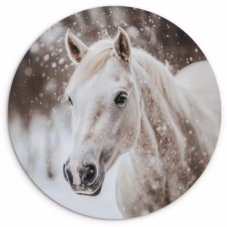 Paard - Wit - Winter - Natuur - Sneeuw - Dieren Wandcirkel kunststof plaat 5mm dik klein -3d