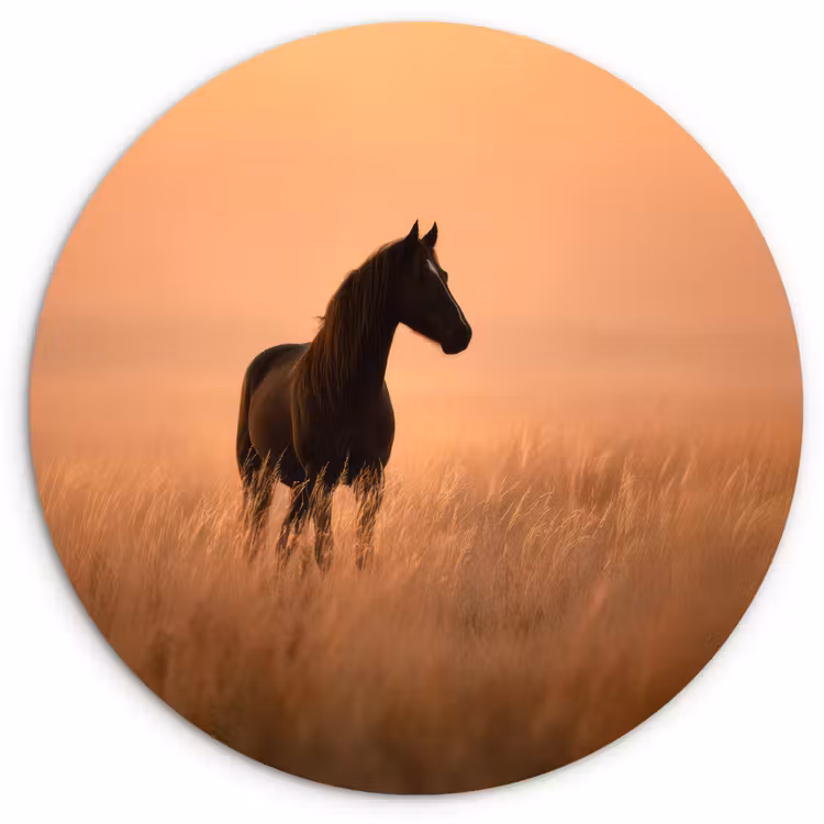 Paard - Grasveld - Zonsondergang Wandcirkel kunststof plaat 5mm dik klein -3d