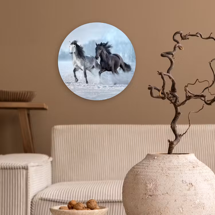 Paarden - Winter - Dieren - Natuur - Sneeuw Wandcirkel kunststof plaat 5mm dik klein -sfeer1