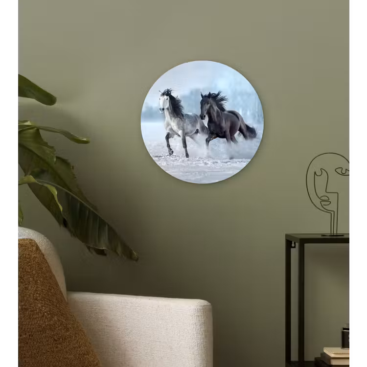 Paarden - Winter - Dieren - Natuur - Sneeuw Wandcirkel kunststof plaat 5mm dik klein -sfeer3