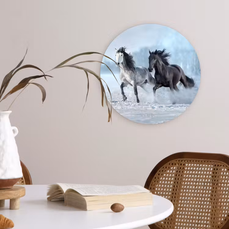 Paarden - Winter - Dieren - Natuur - Sneeuw Wandcirkel kunststof plaat 5mm dik klein -sfeer4