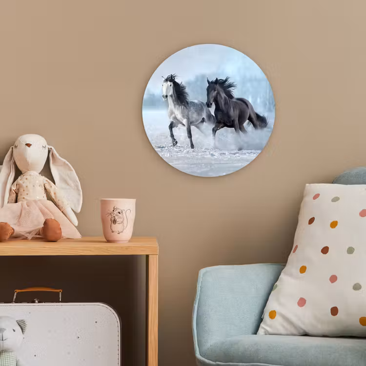 Paarden - Winter - Dieren - Natuur - Sneeuw Wandcirkel kunststof plaat 5mm dik klein -tsfeer1_kind