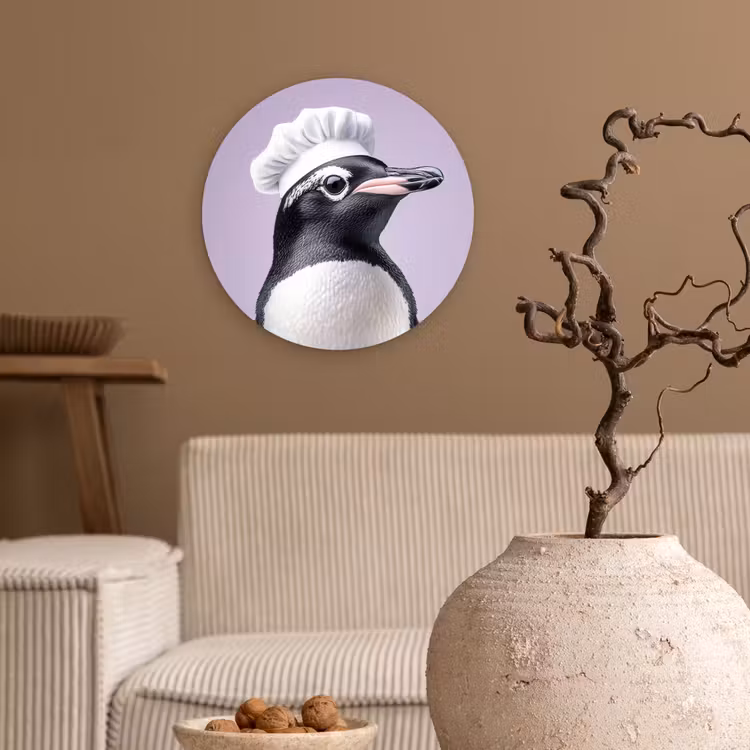 Pinguïn - Koksmuts - Lief - Paars Wandcirkel kunststof plaat 5mm dik klein -sfeer1