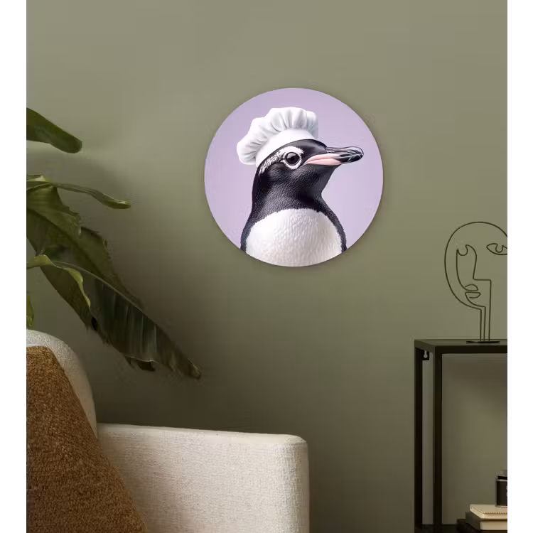 Pinguïn - Koksmuts - Lief - Paars Wandcirkel kunststof plaat 5mm dik klein -sfeer3