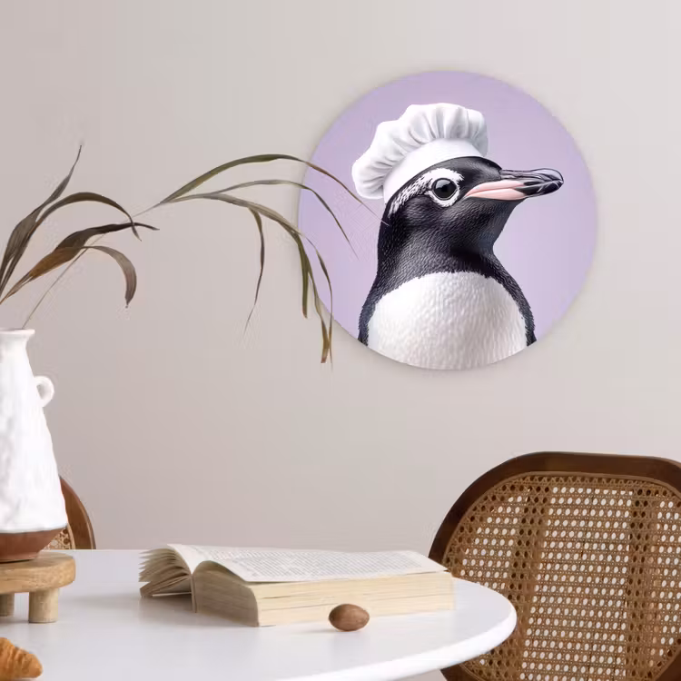 Pinguïn - Koksmuts - Lief - Paars Wandcirkel kunststof plaat 5mm dik klein -sfeer4