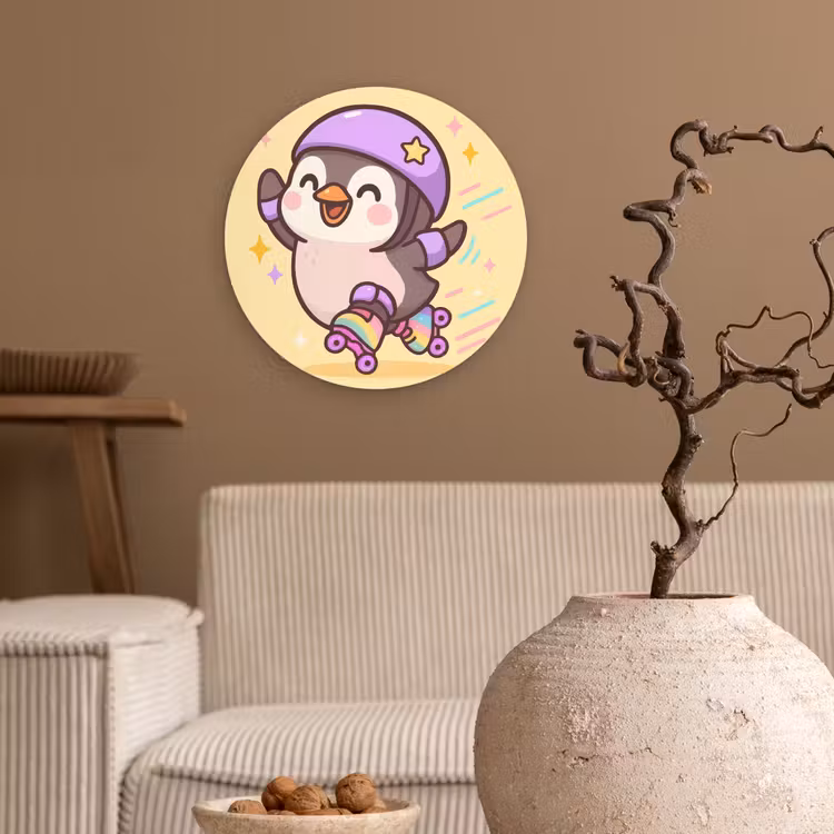 Pinguïn - Rolschaatsen - Geel - Energiek Wandcirkel kunststof plaat 5mm dik klein -sfeer1