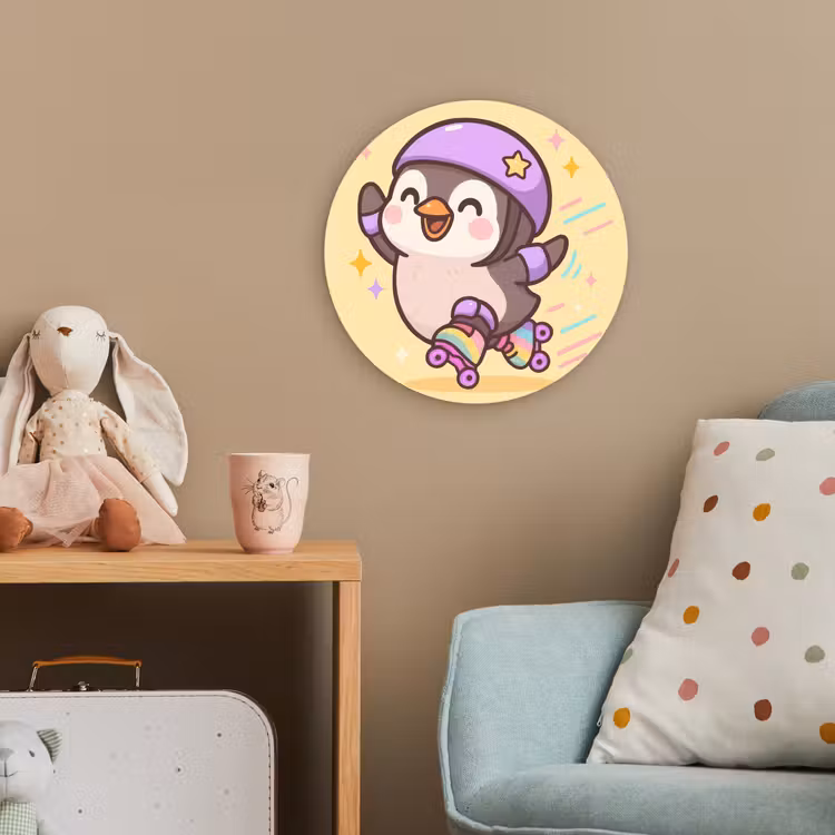 Pinguïn - Rolschaatsen - Geel - Energiek Wandcirkel kunststof plaat 5mm dik klein -tsfeer1_kind