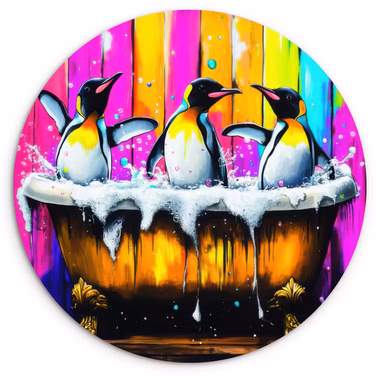 Pinguïns - Badkuip - Kleurrijk - Schuim Wandcirkel kunststof plaat 5mm dik klein -3d