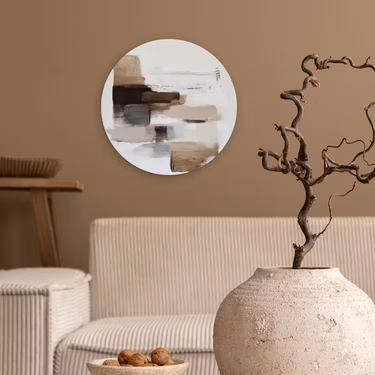 Penseelstreken - Balans - Beige - Bruin Wandcirkel kunststof plaat 5mm dik klein -sfeer1