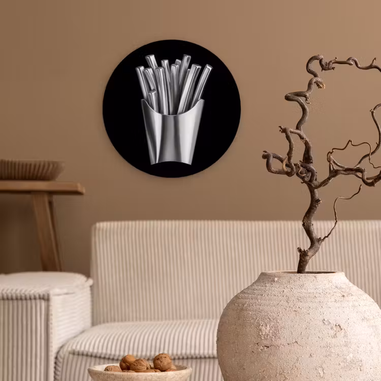 Frietjes - Futuristisch - Zilver Wandcirkel kunststof plaat 5mm dik klein -sfeer1