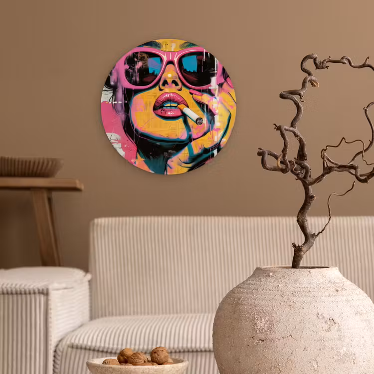 Portret - Vrouw - Abstract - Zonnebril Wandcirkel kunststof plaat 5mm dik klein -sfeer1