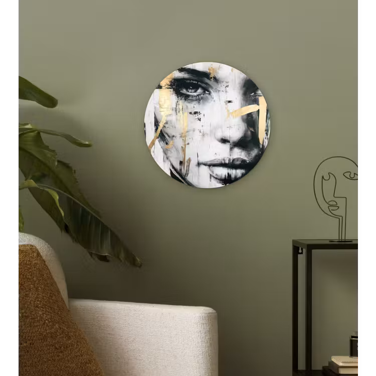 Portret - Vrouw - Penseelstreken - Goud Wandcirkel kunststof plaat 5mm dik klein -sfeer3