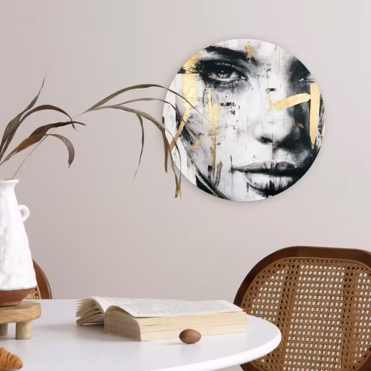 Portret - Vrouw - Penseelstreken - Goud Wandcirkel kunststof plaat 5mm dik klein -sfeer4