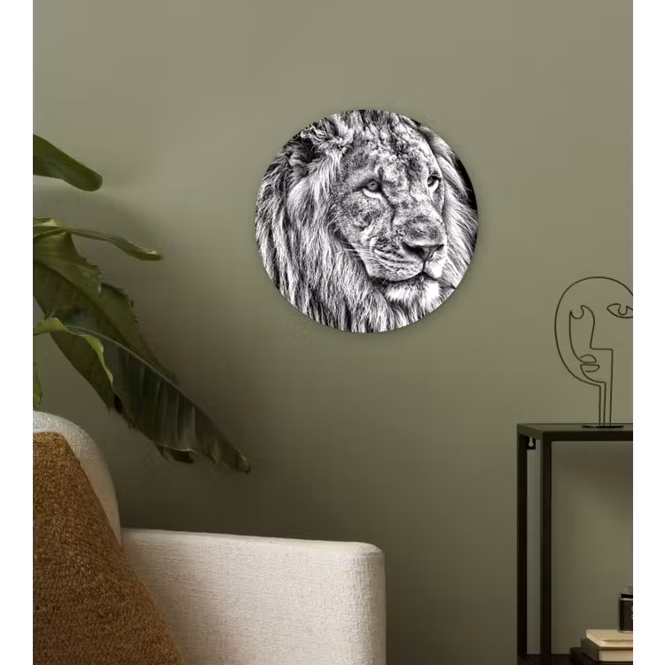 Portret - Leeuw - Zwart wit Wandcirkel kunststof plaat 5mm dik klein -sfeer3