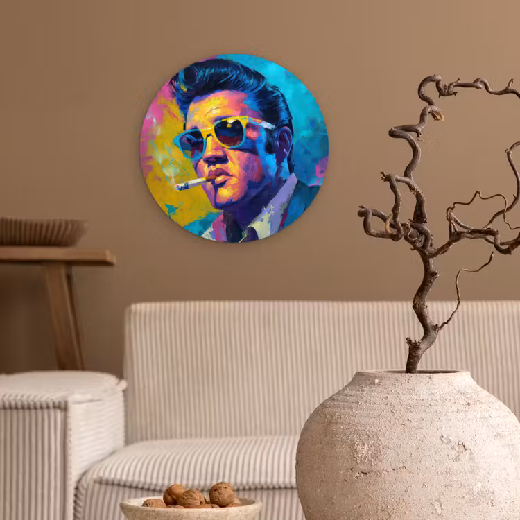 Portret - Sigaret - Kleurrijk - Bril Wandcirkel kunststof plaat 5mm dik klein -sfeer1