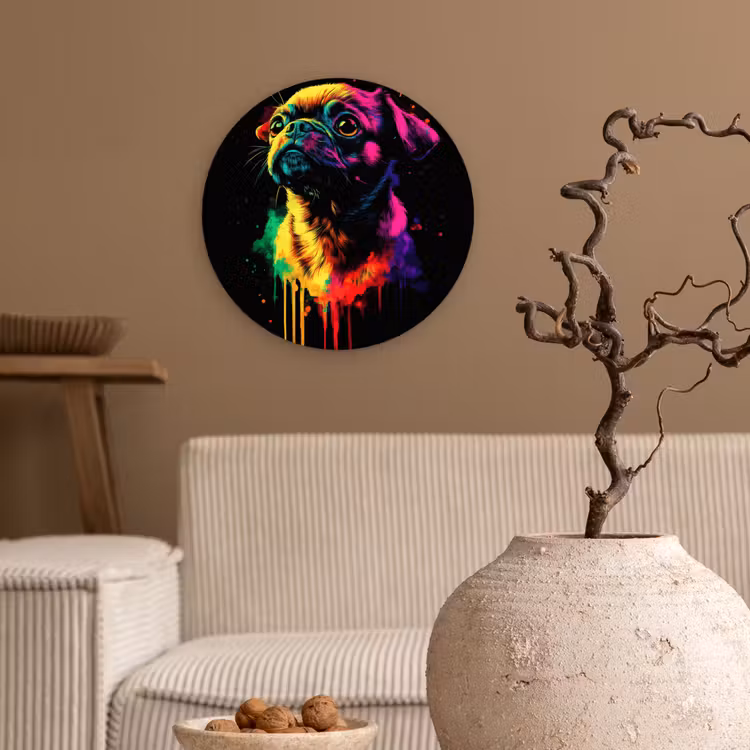 Puck - Hond - Verf - Kleuren Wandcirkel kunststof plaat 5mm dik klein -sfeer1