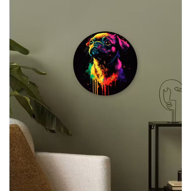 Puck - Hond - Verf - Kleuren Wandcirkel kunststof plaat 5mm dik klein -sfeer3