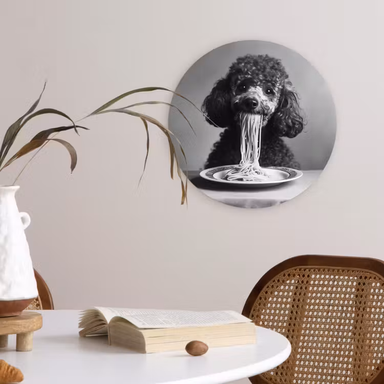 Poedel - Hond - Zwart - Wit - Schattig - Pasta Wandcirkel kunststof plaat 5mm dik klein -sfeer4