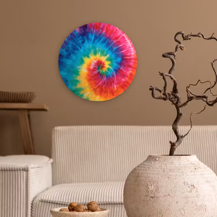 Regenboog - Tie dye - Kleurrijk - Blauw Wandcirkel kunststof plaat 5mm dik klein -sfeer1
