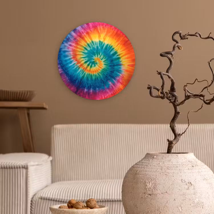Regenboogkleuren - Tie dye - Wandcirkel kunststof plaat 5mm dik klein -sfeer1
