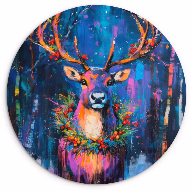 Rendier - Krans - Sprookjesachtig - Blauw Wandcirkel kunststof plaat 5mm dik klein -3d