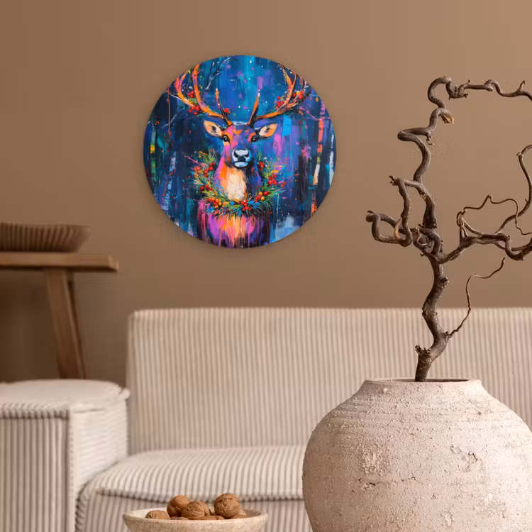 Rendier - Krans - Sprookjesachtig - Blauw Wandcirkel kunststof plaat 5mm dik klein -sfeer1