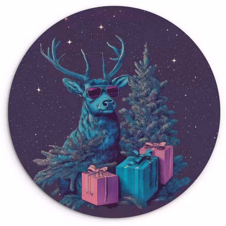 Rendier - Zonnebril - Neon - Kerstboom Wandcirkel kunststof plaat 5mm dik klein -3d