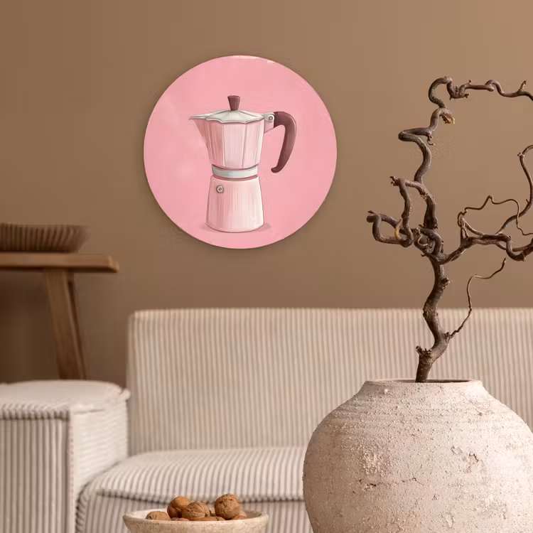 Roze - Mokkapot - Illustratie - Koffie Wandcirkel kunststof plaat 5mm dik klein -sfeer1