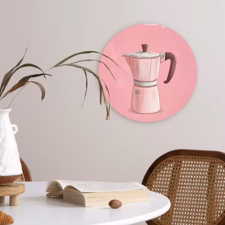 Roze - Mokkapot - Illustratie - Koffie Wandcirkel kunststof plaat 5mm dik klein -sfeer4