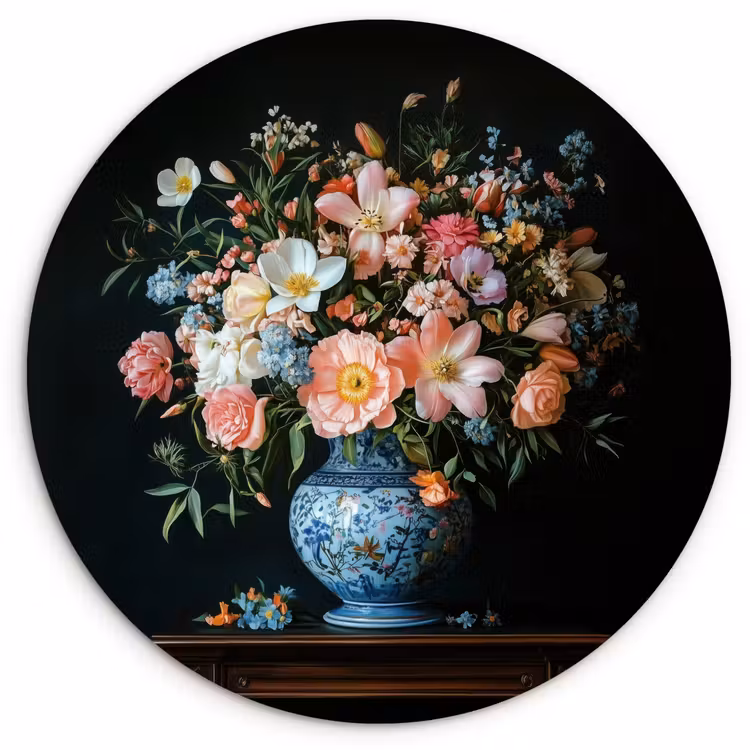 Roze - Bloemen - Vaas - Kleuren Wandcirkel kunststof plaat 5mm dik klein -3d