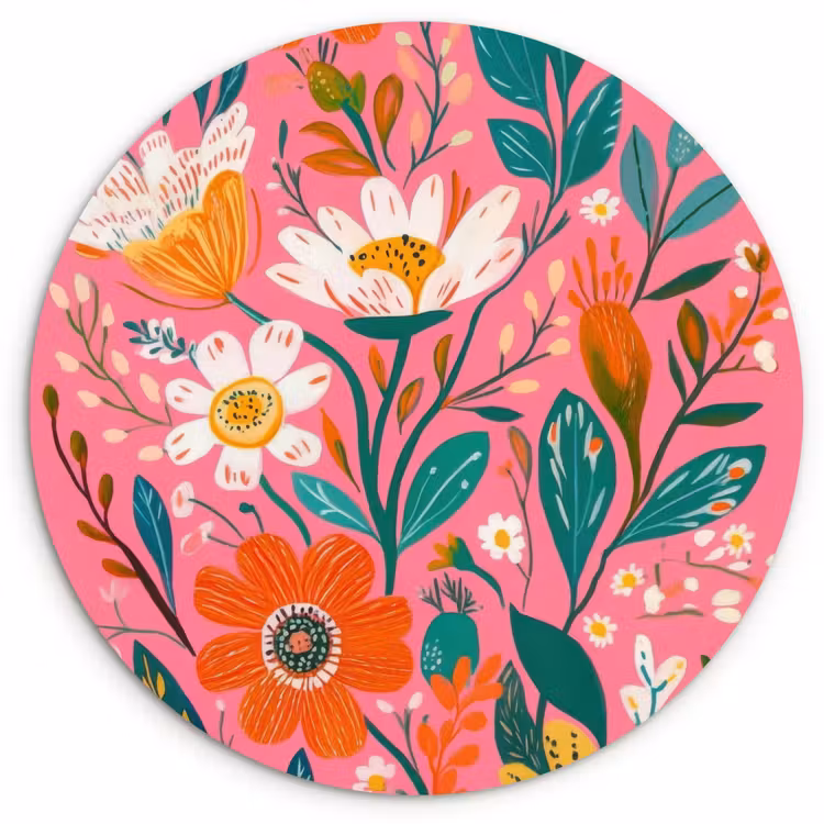 Roze - Bloemen - Wit - Oranje Wandcirkel kunststof plaat 5mm dik klein -3d
