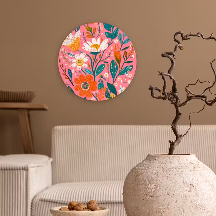 Roze - Bloemen - Wit - Oranje Wandcirkel kunststof plaat 5mm dik klein -sfeer1