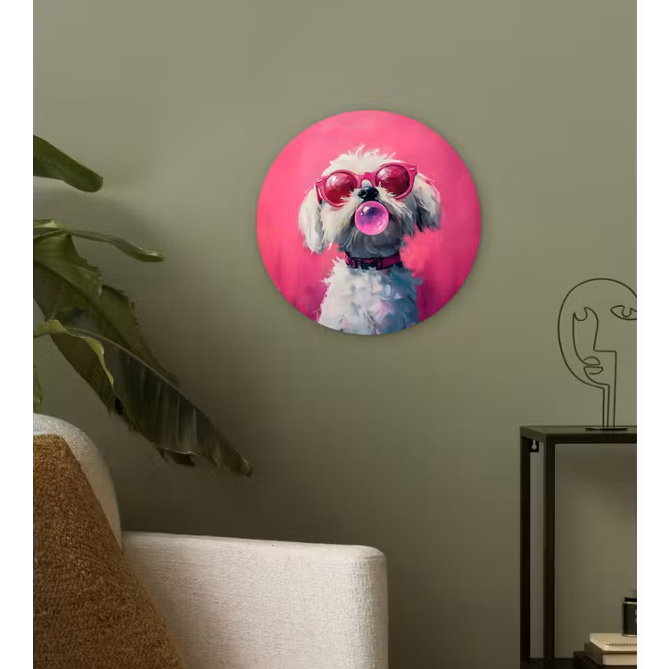 Pink - Hond - Bubbel Wandcirkel kunststof plaat 5mm dik klein -sfeer3