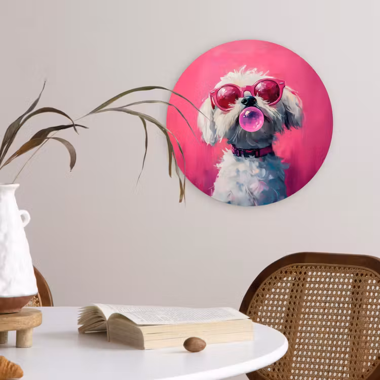 Pink - Hond - Bubbel Wandcirkel kunststof plaat 5mm dik klein -sfeer4