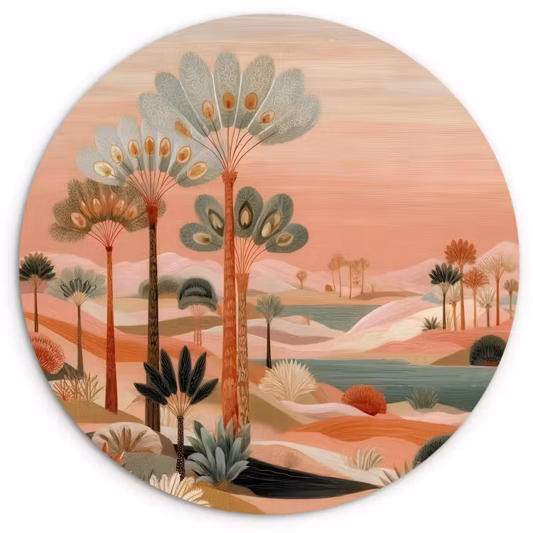 Roze landschap - Palmen - Water Wandcirkel kunststof plaat 5mm dik klein -3d