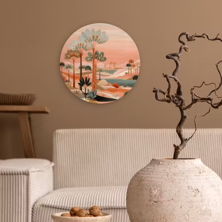 Roze landschap - Palmen - Water Wandcirkel kunststof plaat 5mm dik klein -sfeer1