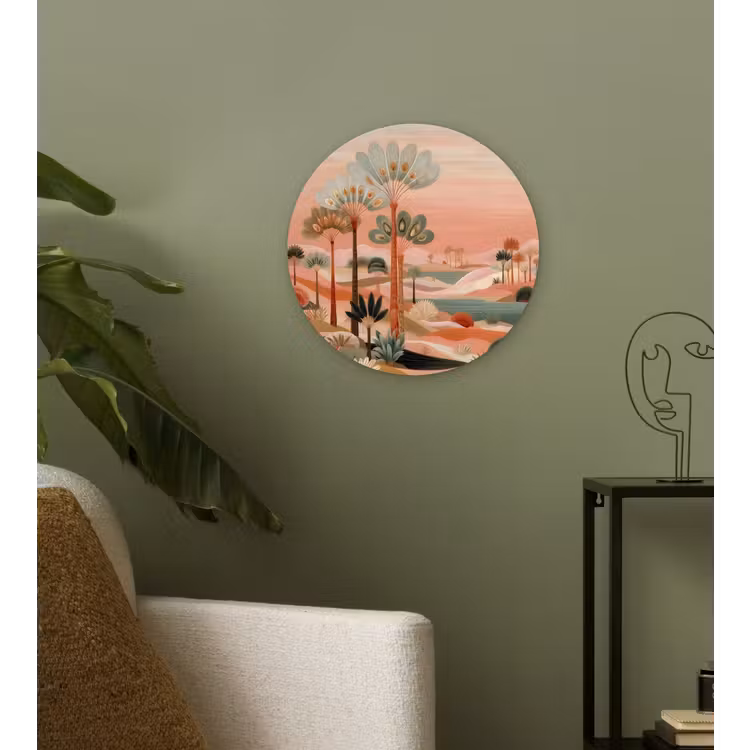 Roze landschap - Palmen - Water Wandcirkel kunststof plaat 5mm dik klein -sfeer3