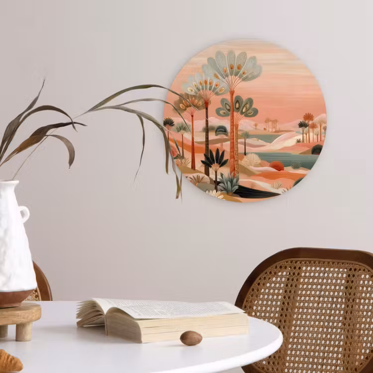 Roze landschap - Palmen - Water Wandcirkel kunststof plaat 5mm dik klein -sfeer4
