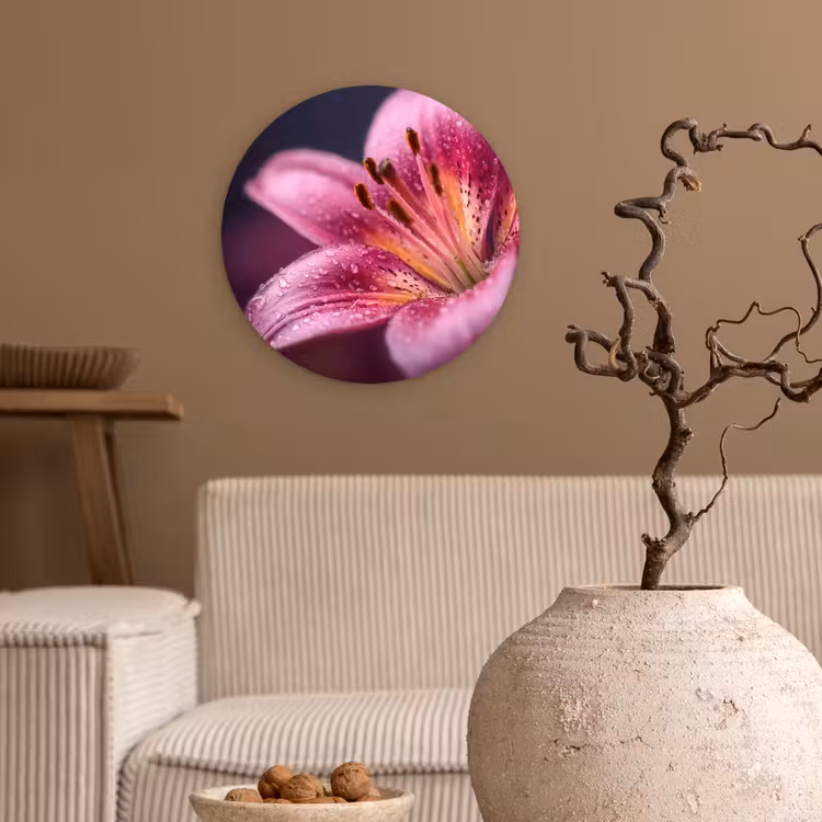 Roze - lelie - Dauwdruppels Wandcirkel kunststof plaat 5mm dik klein -sfeer1