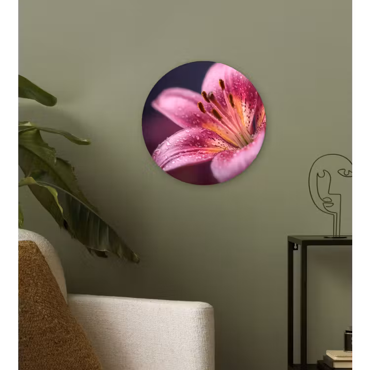 Roze - lelie - Dauwdruppels Wandcirkel kunststof plaat 5mm dik klein -sfeer3