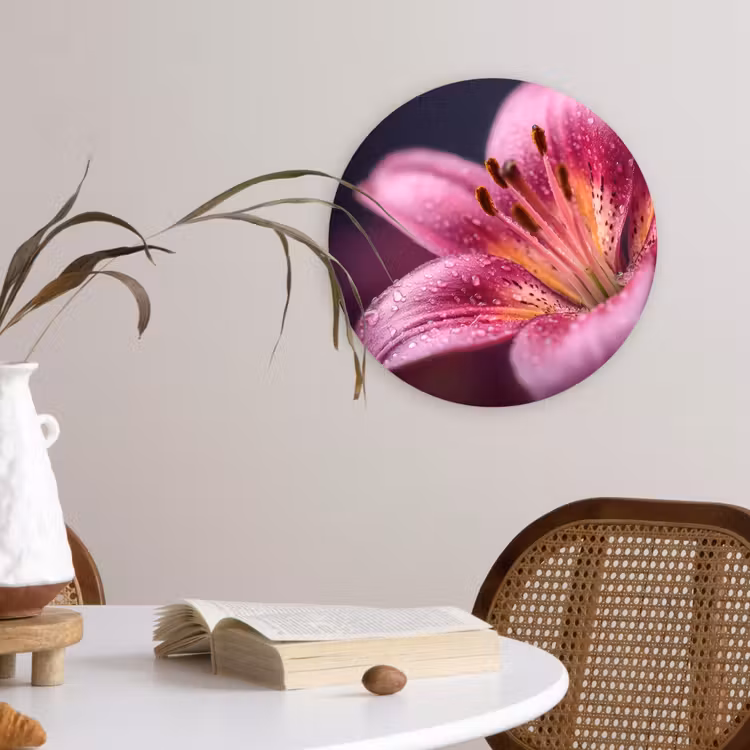 Roze - lelie - Dauwdruppels Wandcirkel kunststof plaat 5mm dik klein -sfeer4