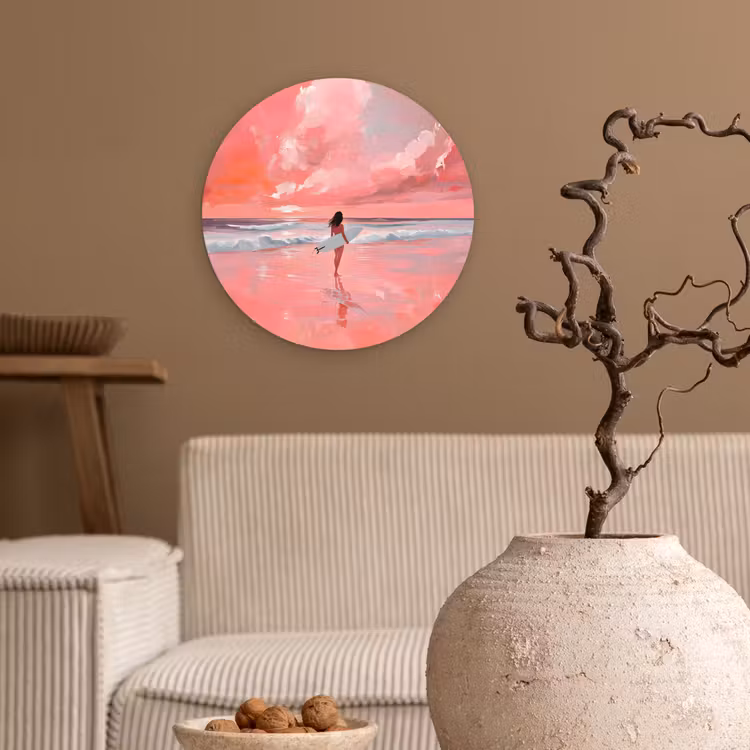 Roze - Surfen - Zee Wandcirkel kunststof plaat 5mm dik klein -sfeer1
