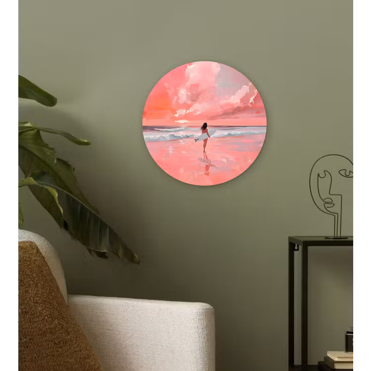 Roze - Surfen - Zee Wandcirkel kunststof plaat 5mm dik klein -sfeer3