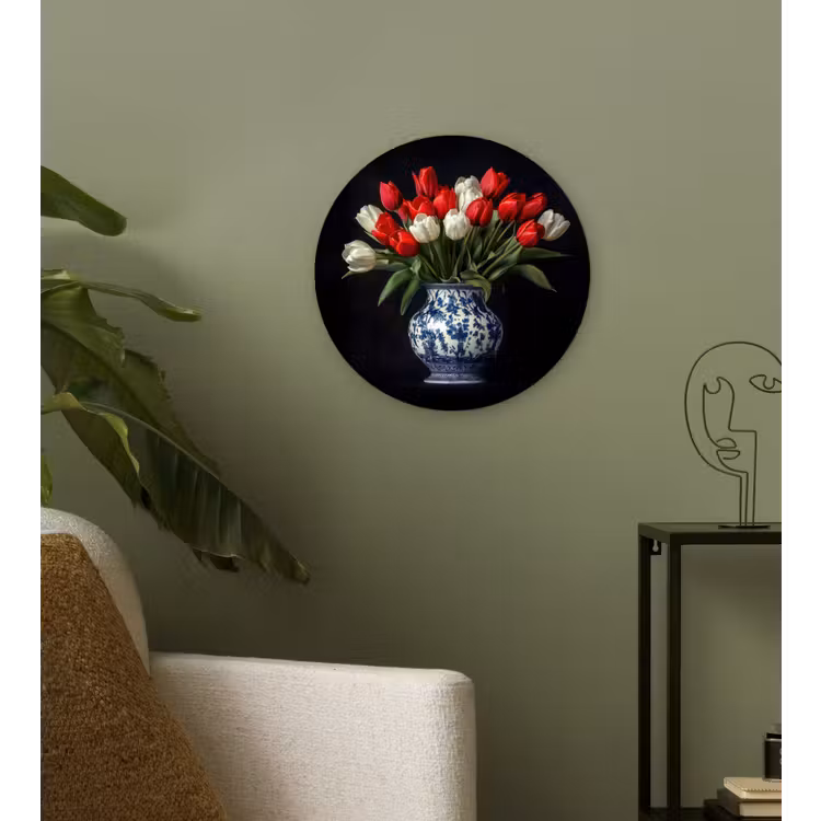 Rode - Bloemen - Tulpen - Vaas Wandcirkel kunststof plaat 5mm dik klein -sfeer3