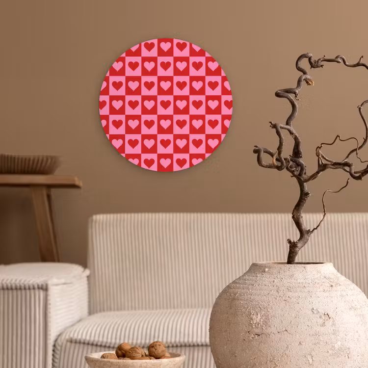 Rood - Roze - Schaakbord - Valentijn Wandcirkel kunststof plaat 5mm dik klein -sfeer1