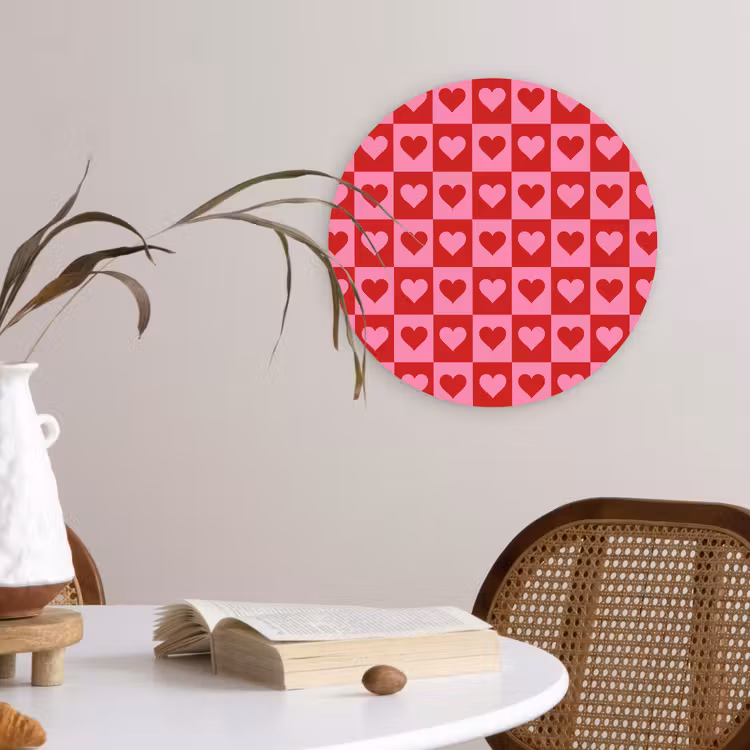 Rood - Roze - Schaakbord - Valentijn Wandcirkel kunststof plaat 5mm dik klein -sfeer4