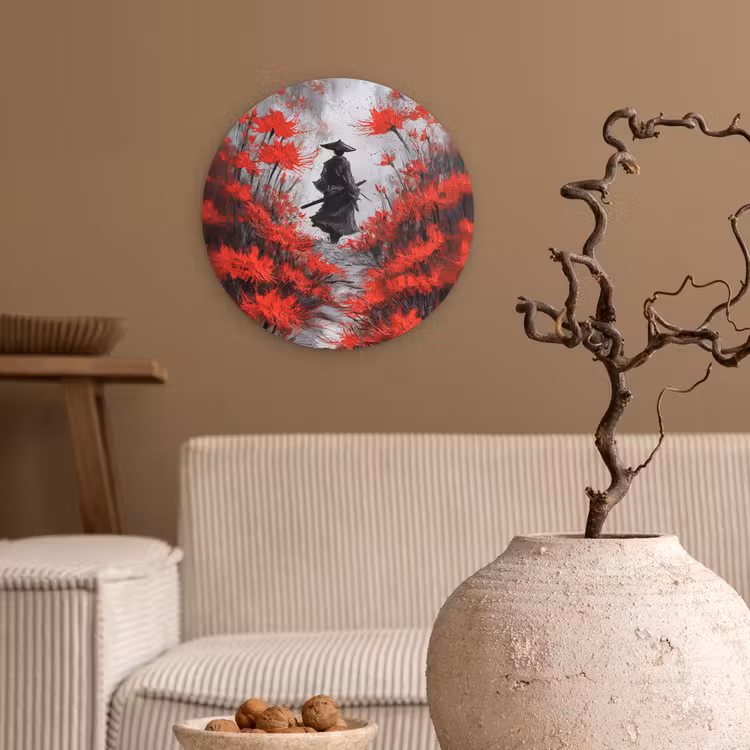 Rode bloemen - mistig - Man Wandcirkel kunststof plaat 5mm dik klein -sfeer1