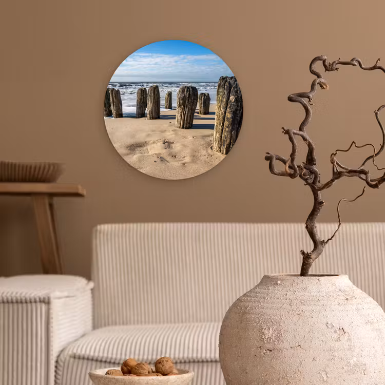 Zand - Strand - Paal - Water - Zomer Wandcirkel kunststof plaat 5mm dik klein -sfeer1