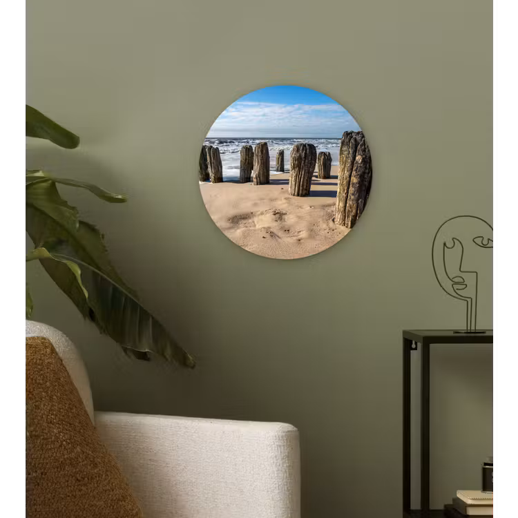 Zand - Strand - Paal - Water - Zomer Wandcirkel kunststof plaat 5mm dik klein -sfeer3